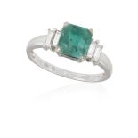 AN EMERALD AND DIAMOND DRESS RING The central square-cut emerald weighing approximately 1.