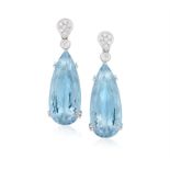 A PAIR OF AQUAMARINE AND DIAMOND PENDENT EARRINGS Each pear-shaped mixed-cut aquamarine weighing