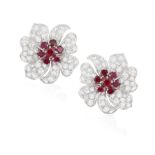 A PAIR OF RUBY AND DIAMOND EARRINGS Each flowerhead set with brilliant-cut diamond petals and