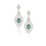 A PAIR OF ROCK CRYSTAL, EMERALD AND DIAMOND PENDENT EARRINGS Each lozenge-shaped rock crystal