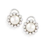 A PAIR OF CULTURED PEARL AND DIAMOND EARRINGS, CIRCA 1960 Each central cultured pearl of cream