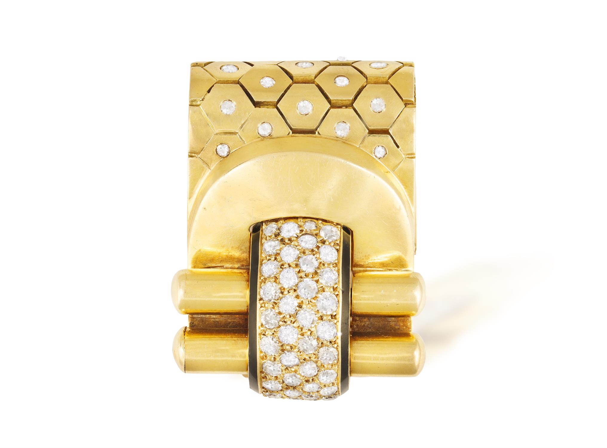 A DIAMOND AND ENAMEL 'LUDO HEXAGONE' DRESS CLIP, BY VAN CLEEF & ARPELS, CIRCA 1937 Designed as a