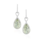 A PAIR OF AMETHYST AND DIAMOND PENDENT EARRINGS Each mixed-cut pear-shaped green amethyst,