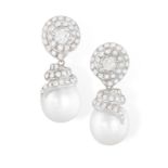 A PAIR OF CULTURED PEARL AND DIAMOND PENDENT EARRINGS The central old cushion-shaped diamond