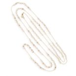 A CULTURED PEARL AND DIAMOND LONG CHAIN NECKLACE Composed of cultured pearls of cream tint,