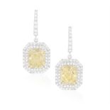 A PAIR OF FANCY-COLOURED DIAMOND AND DIAMOND PENDENT EARRINGS Each set with a cut-cornered