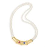 A CULTURED PEARL AND GEM-SET NECKLACE The two cultured pearl rows fixed to a pendant set with a