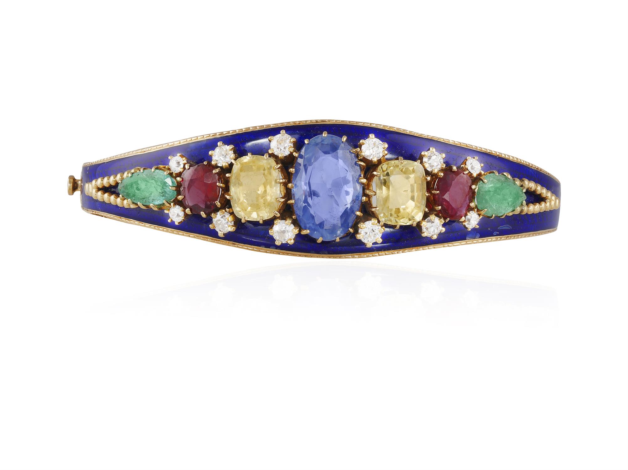 A GEM-SET, DIAMOND AND ENAMEL BANGLE The frontispiece with applied blue enamel, - Image 2 of 4