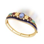 A GEM-SET, DIAMOND AND ENAMEL BANGLE The frontispiece with applied blue enamel,