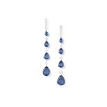 A PAIR OF SAPPHIRE AND DIAMOND PENDENT EARRINGS Composed of graduated pear-shaped blue sapphires,