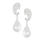 A PAIR OF CULTURED PEARL AND DIAMOND PENDENT EARRINGS Each swirled surmount pavé-set with