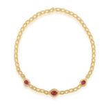 A RUBY AND DIAMOND NECKLACE The fancy-link textured gold chain interspersed to the front with