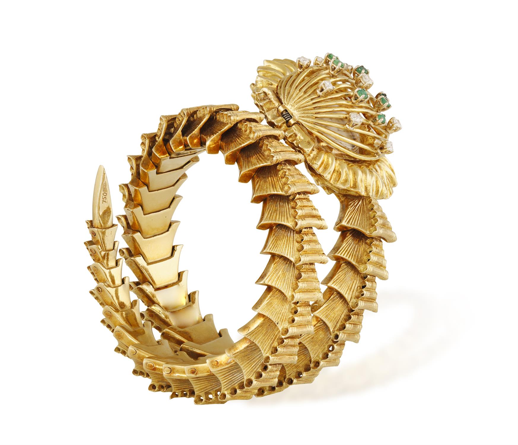 AN 18K GOLD RETRO WATCH, BY LONGINES, CIRCA 1965 The coiled textured gold serpent bracelet with - Image 3 of 4