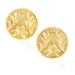 A PAIR OF GOLD EARCLIPS, BY LALAOUNIS Each circular bombé plaque with polished and brushed gold