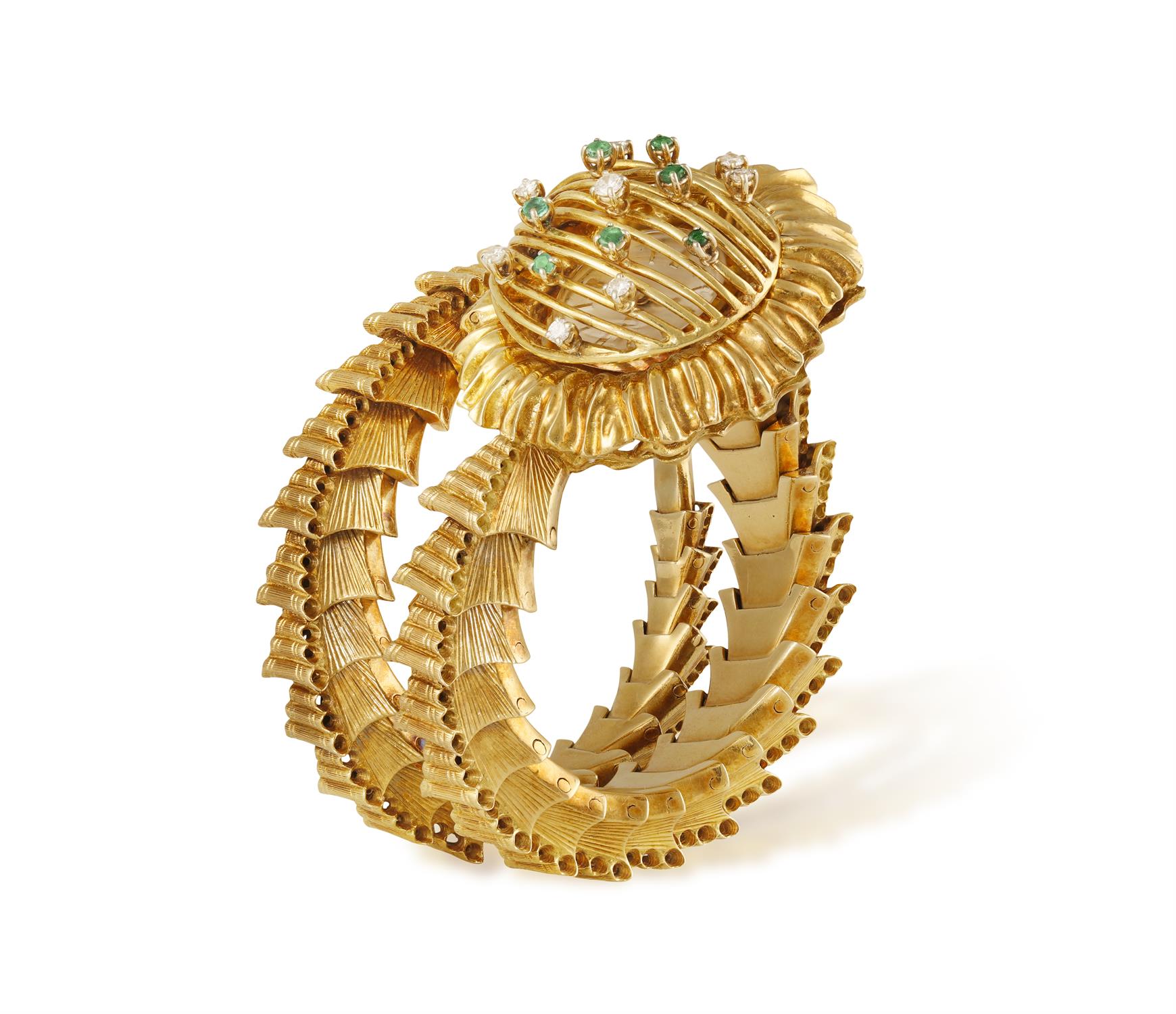 AN 18K GOLD RETRO WATCH, BY LONGINES, CIRCA 1965 The coiled textured gold serpent bracelet with