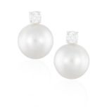 A PAIR OF CULTURED PEARL AND DIAMOND EARRINGS Each round-shaped cultured pearl of white tint