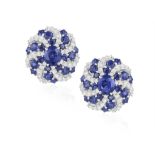 A PAIR OF SAPPHIRE AND DIAMOND EARRINGS Each central cushion-shaped sapphire set within a