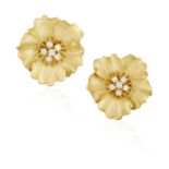 A PAIR OF DIAMOND EARCLIPS, BY TIFFANY & CO. Each flowerhead decorated with brilliant-cut