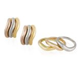 A PAIR OF GOLD EARCLIPS WITH THREE RINGS EN SUITE Each clip of wavy bombé design in tri-coloured