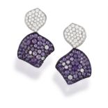 A PAIR OF AMETHYST AND DIAMOND PENDENT EARRINGS, BY MARGHERITA BURGENER Each modelled as a petal,