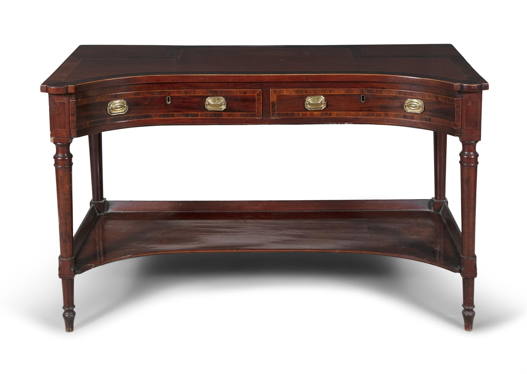 A GEORGE III MAHOGANY AND ROSEWOOD CROSSBANDED CONCAVE SIDE TABLE, with rounded fore corners,