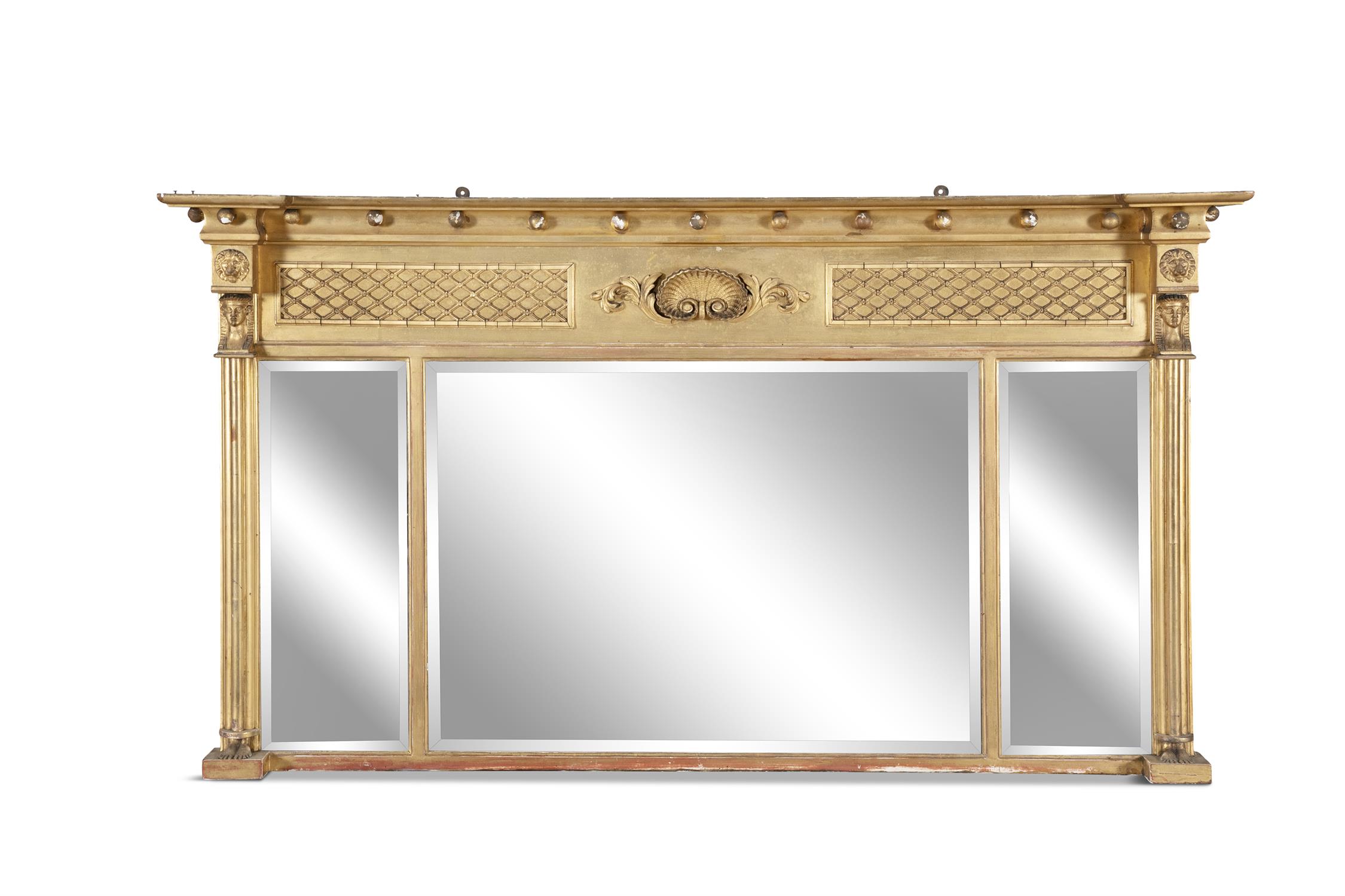 A GILTWOOD COMPARTMENTED OVERMANTLE MIRROR, 19th century, of rectangular form, with shell and