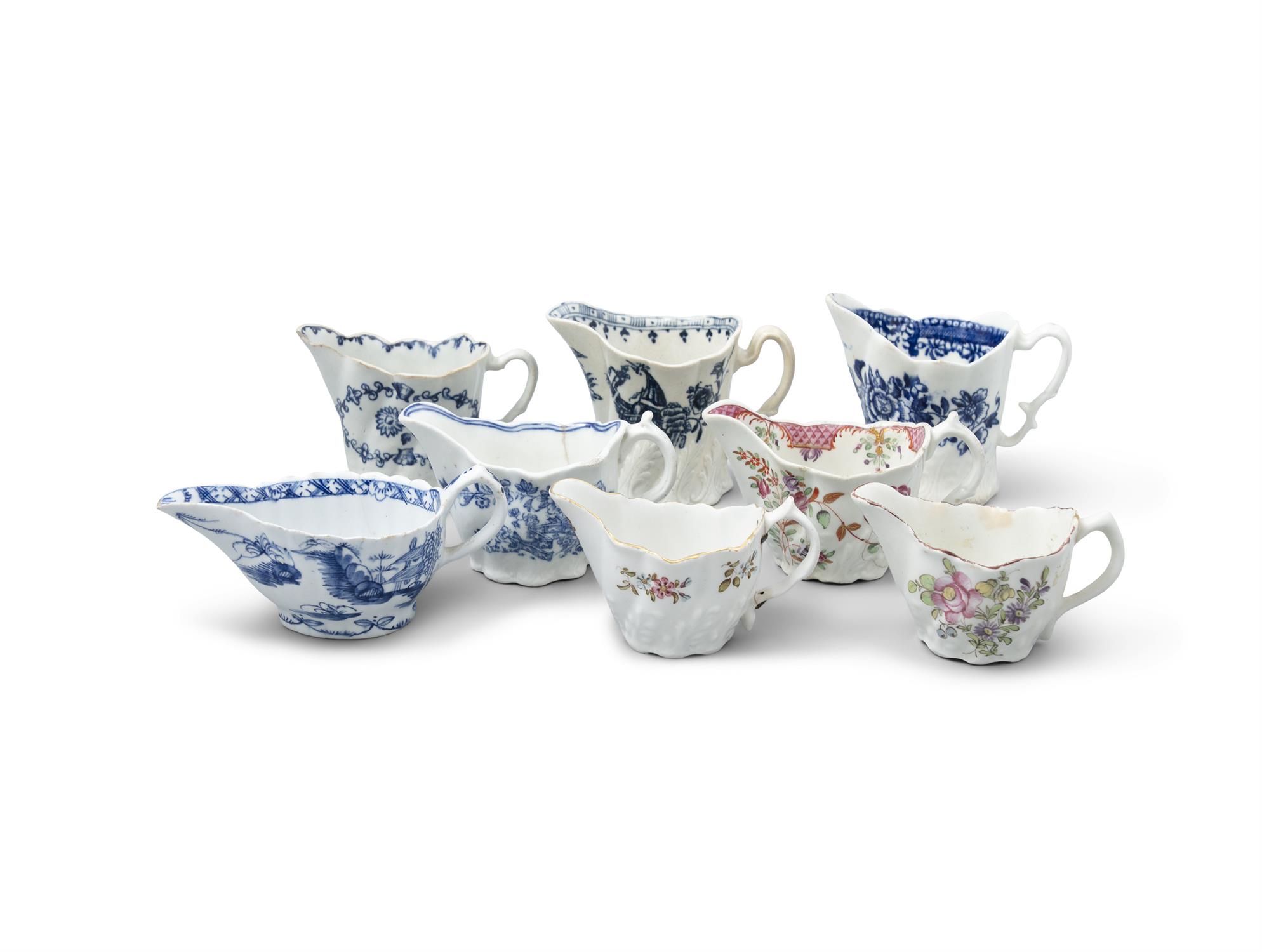 A GROUP OF FOUR 18TH CENTURY BLUE AND WHITE 'CHELSEA EWERS', various factories, and a miniature