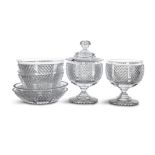 A PAIR OF IRISH CUT GLASS BOWLS ON STANDS, of circular tapering form each cut with panels of