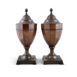 A PAIR OF EDWARDIAN MAHOGANY SIDEBOARD URNS AND COVERS, c.1900, of classical design with turned and