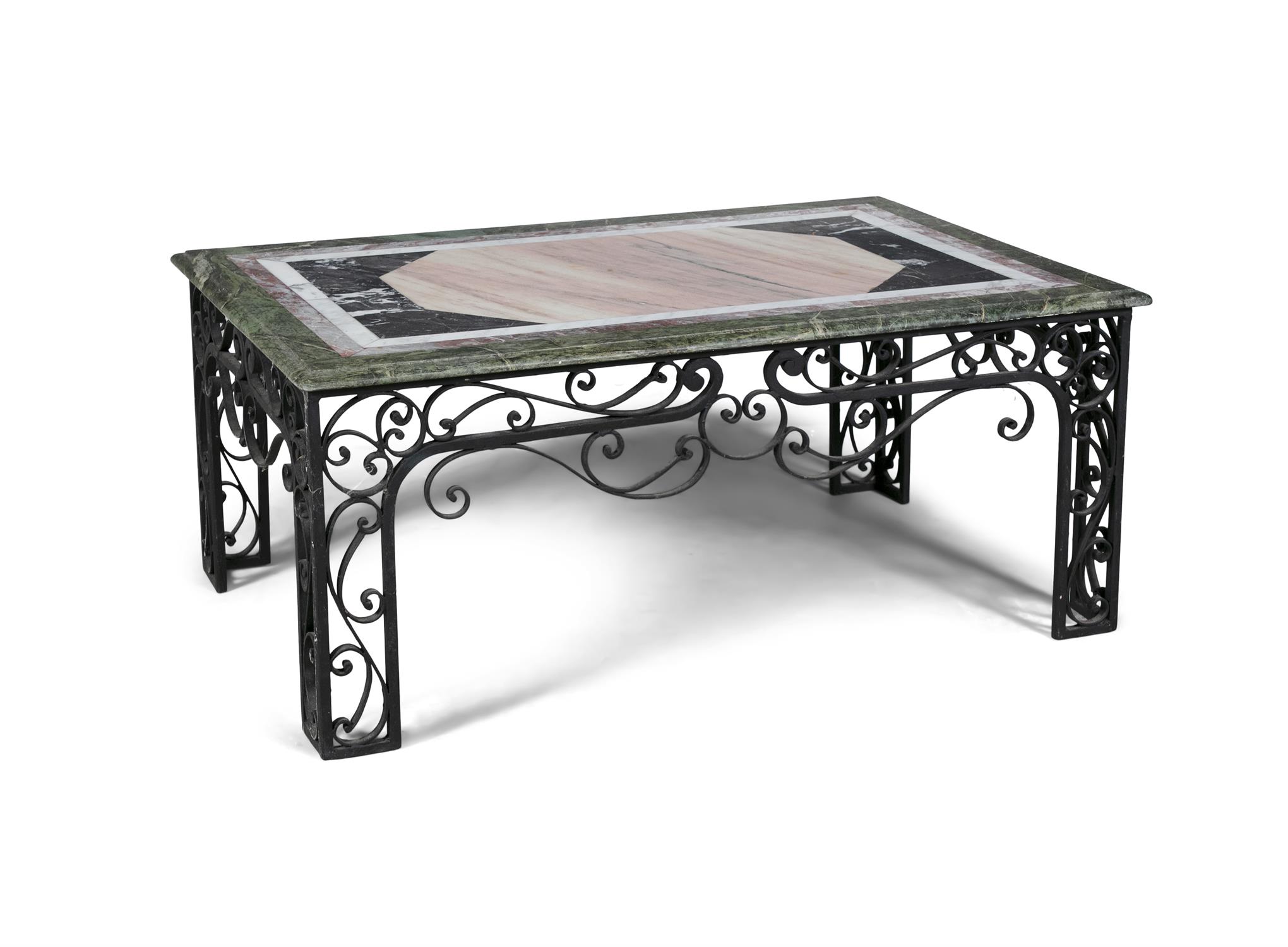 A 19TH CENTURY WROUGHT IRON COFFEE TABLE WITH SPECIMEN MARBLE TOP. 43cm high, 104cm wide, 64cm deep - Image 2 of 2