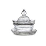 AN IRISH GEORGE III OVAL BUTTER DISH AND COVER, on associated stand, the domed top with facet-cut