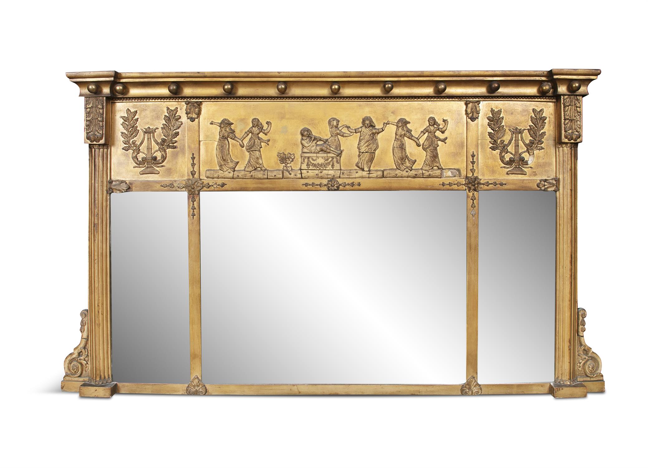 A GILTWOOD COMPARTMENTED OVER MANTLE MIRROR, c.1880, of rectangular form, with three glass plates