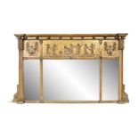A GILTWOOD COMPARTMENTED OVER MANTLE MIRROR, c.1880, of rectangular form, with three glass plates