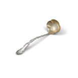 AN AMERICAN SILVER SCROLL HANDLE SOUP LADLE, C.1900, gilded bowl, stamped 'sterling patent 1987',