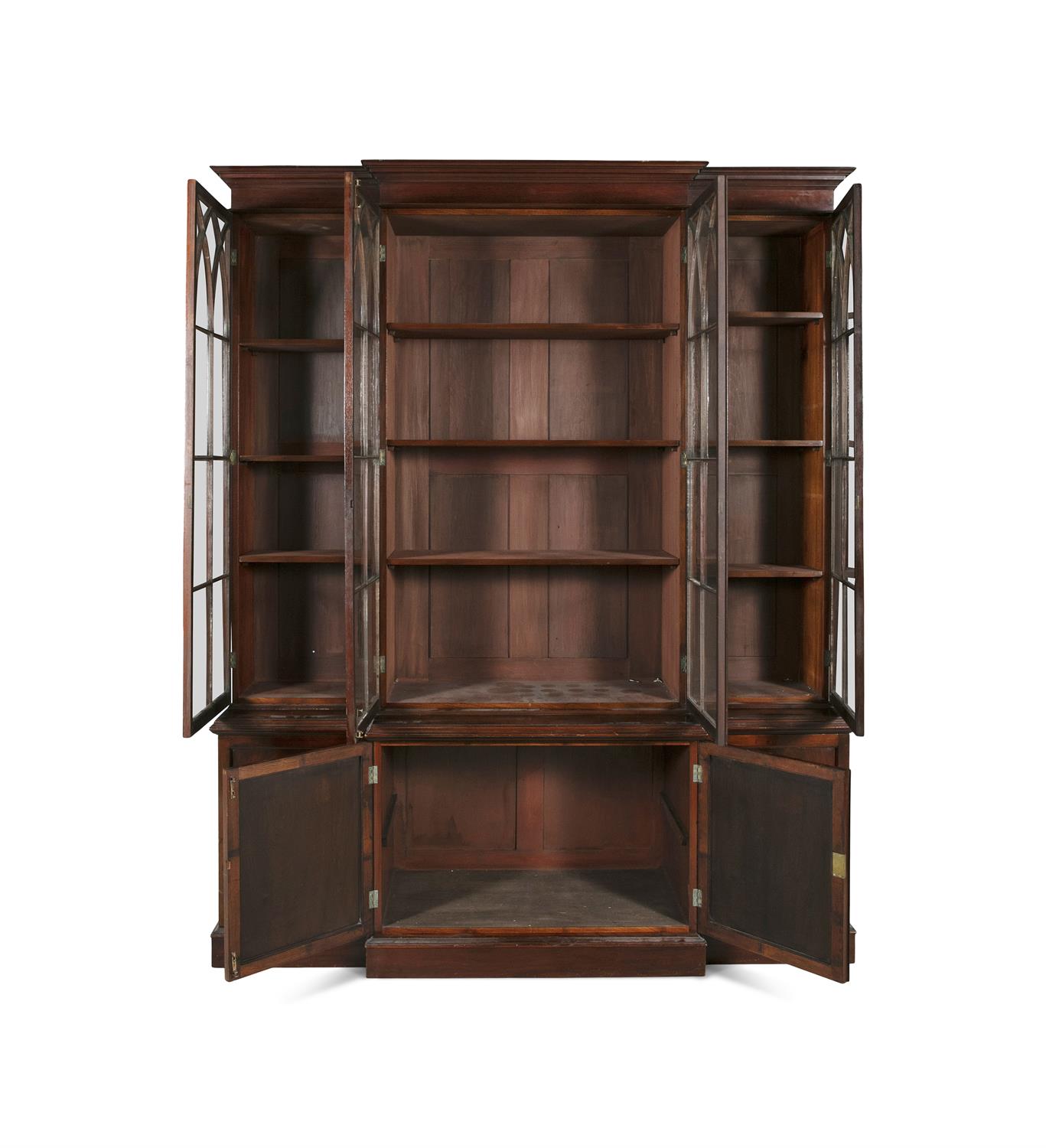 A GEORGE III STYLE FLAME MAHOGANY BREAKFRONT BOOKCASE, the top section with moulded cornice, - Image 2 of 2