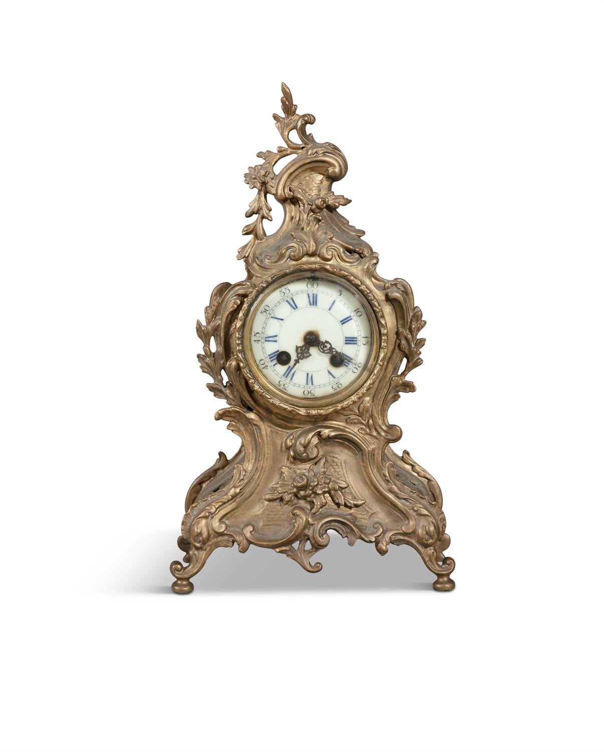 A FRENCH GILT METAL ROCOCO MANTLE CLOCK, 19th century, in the rococo style, fitted with white