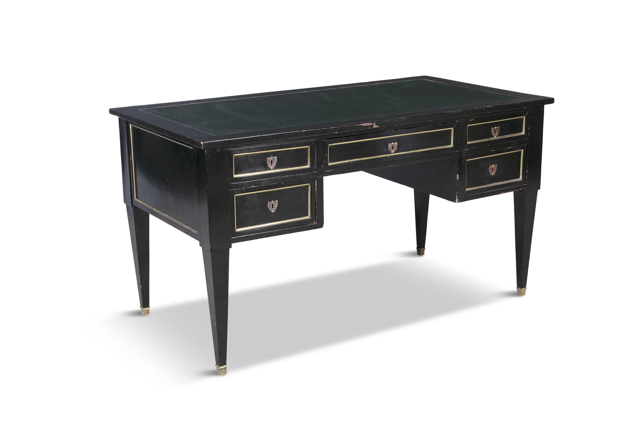 A FRENCH EBONISED AND GILT BRASS KNEEHOLE DESK, 19TH CENTURY, of rectangular form,