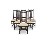 A SET OF SIX ERCOL OLD COLONIAL HIGH-BACK CARVED DINING CHAIRS, with original covered snap fastened