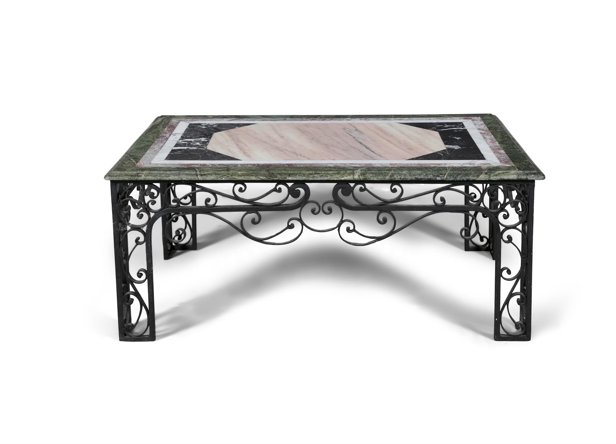 A 19TH CENTURY WROUGHT IRON COFFEE TABLE WITH SPECIMEN MARBLE TOP. 43cm high, 104cm wide, 64cm deep