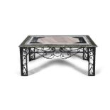 A 19TH CENTURY WROUGHT IRON COFFEE TABLE WITH SPECIMEN MARBLE TOP. 43cm high, 104cm wide, 64cm deep