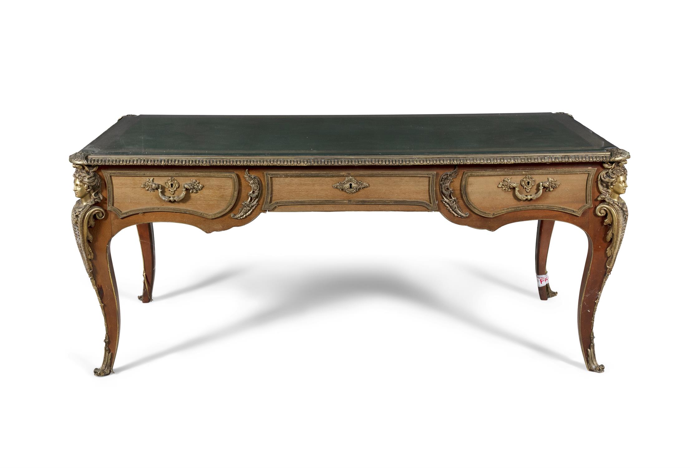 A FRENCH MAHOGANY AND ORMOLU MOUNTED BUREAU PLAT, mid-20th century, the rectangular top with