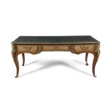 A FRENCH MAHOGANY AND ORMOLU MOUNTED BUREAU PLAT, mid-20th century, the rectangular top with