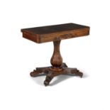 A FINE WILLIAM IV ROSEWOOD FOLDING TOP CARD TABLE, of shaped rectangular form, the top opening to