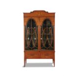 AN EDWARDIAN INLAID SATINWOOD TWO DOOR DISPLAY CABINET, of arched rectangular shape decorated with