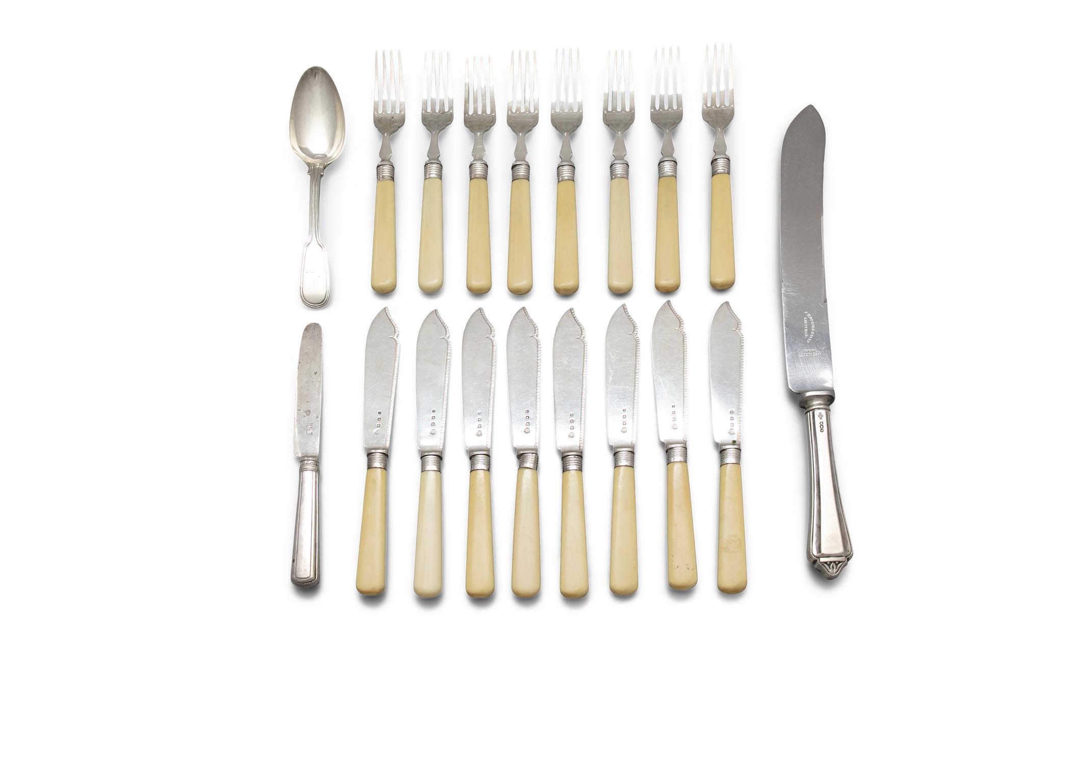 AN ASSORTED COLLECTION OF SILVER FLATWARE, comprising a cake knife, Sheffield c.