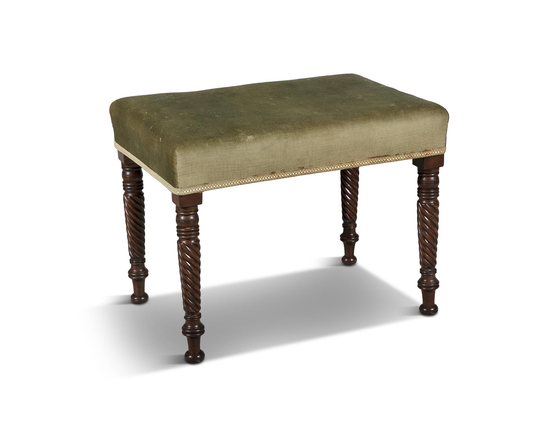 AN IRISH GEORGE IV MAHOGANY RECTANGULAR STOOL, upholster in green material, on carved rope-twist leg