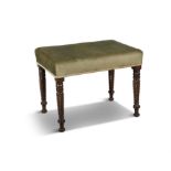 AN IRISH GEORGE IV MAHOGANY RECTANGULAR STOOL, upholster in green material, on carved rope-twist leg