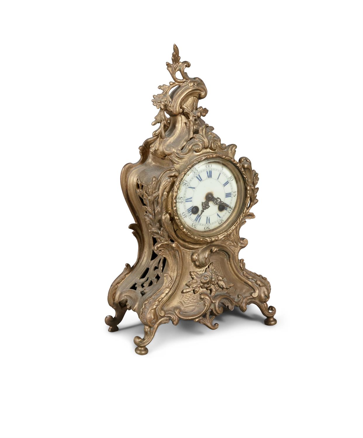 A FRENCH GILT METAL ROCOCO MANTLE CLOCK, 19th century, in the rococo style, fitted with white - Image 2 of 2