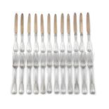 A SET OF 12, TIFFANY & CO. SILVER DESSERT FORKS, fiddle and shell pattern, handles engraved with