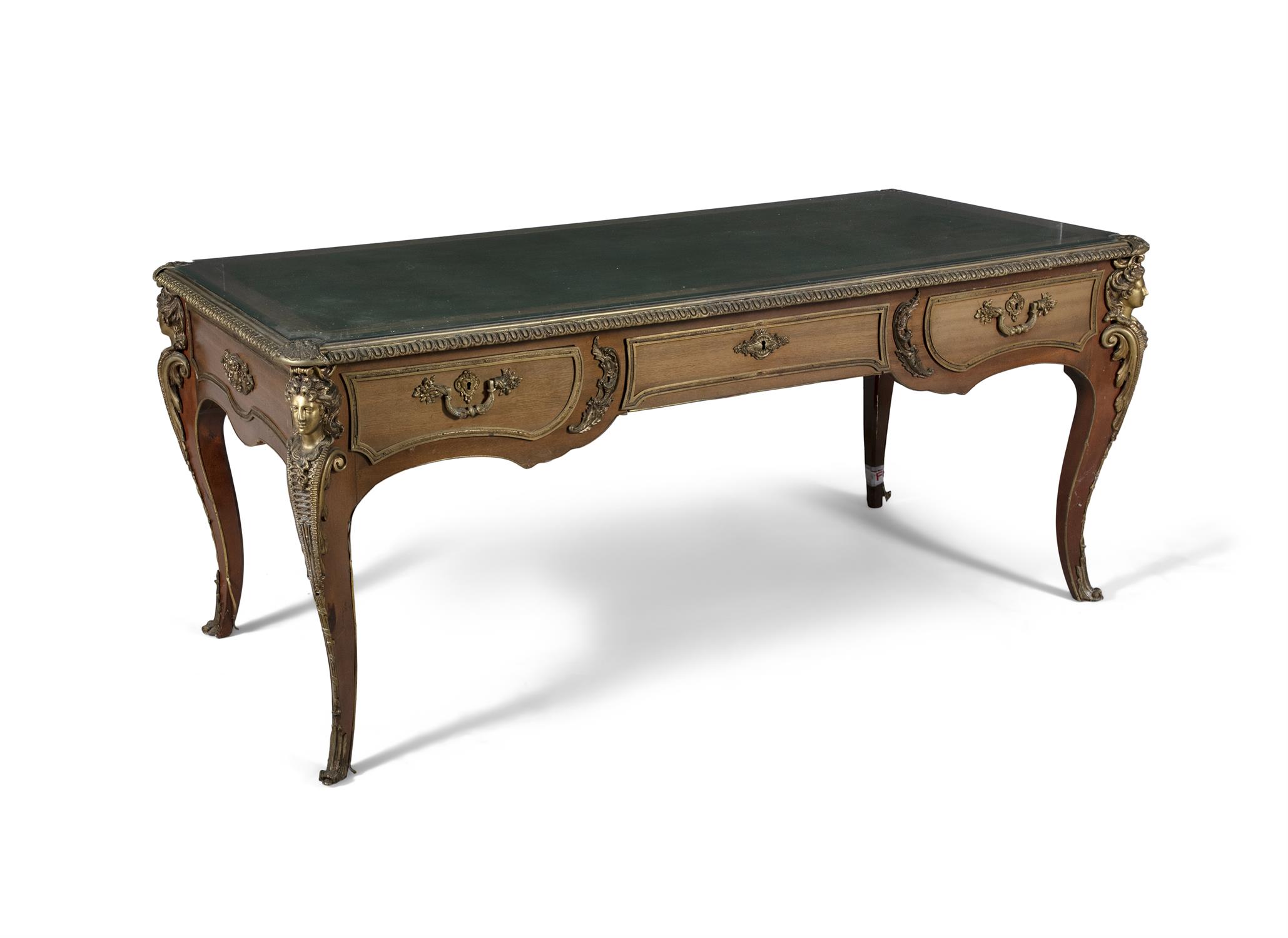 A FRENCH MAHOGANY AND ORMOLU MOUNTED BUREAU PLAT, mid-20th century, the rectangular top with - Image 2 of 2